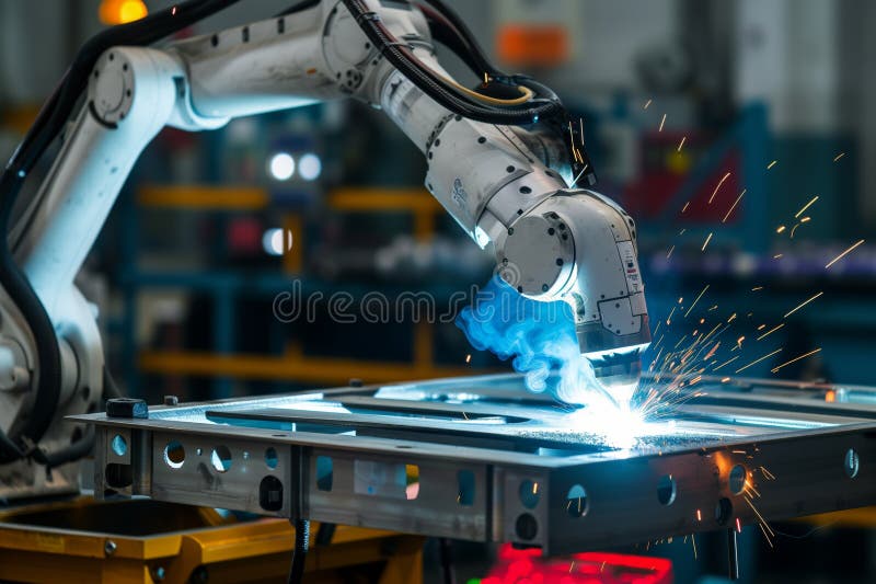 Automated robot arm welding a metallic framework, created with generative ai AI generated