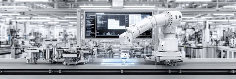 Automated robotic arm assembling on factory line stock illustration