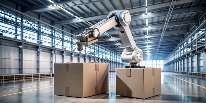 Automated robotic arm handling cardboard boxes in a warehouse facility. Generative AI royalty free illustration