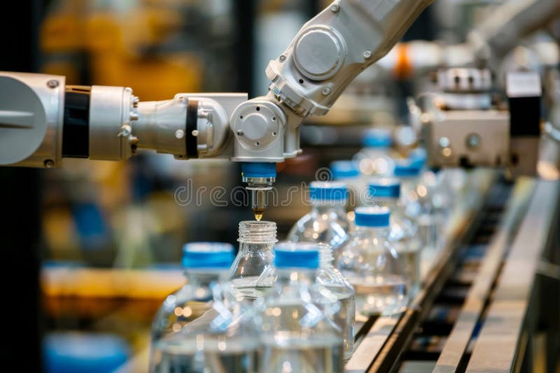 Automated Robotic Arm Precision in Bottling Production Line stock images