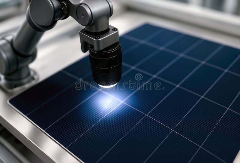 Robotic Arm Sensor Inspecting Solar Panel, generative ai royalty free illustration