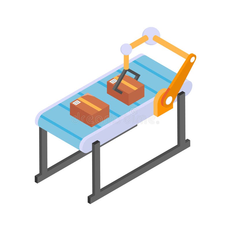 Automated robotic arm sorting and packaging parcels on a conveyor belt. vector illustration