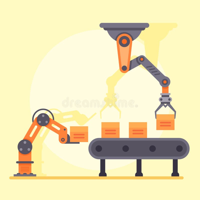 Automated robotic arms lifting and moving boxes on an assembly line inside a factory, representing automation, industry vector illustration