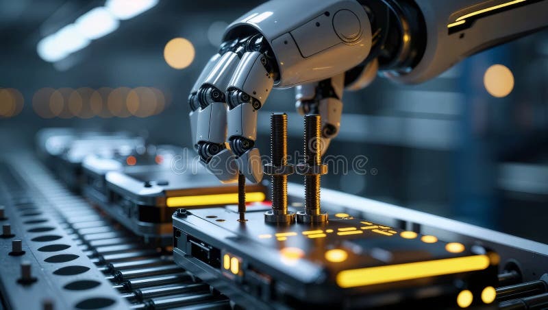 Automated Robotic Arms Perfecting High-Precision Assembly Using Advanced AI Technology stock illustration