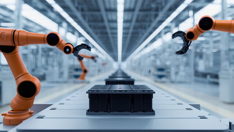 Automated robotic arms precisely place objects on a conveyor belt in a modern factory setting. AI Generated
