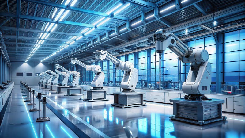 Automated robotic assembly line in a modern factory. Generative AI royalty free illustration