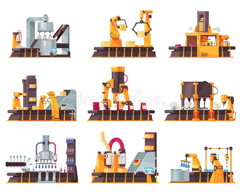 Automated Robotic Packing Conveyor Belt Icon Set royalty free illustration