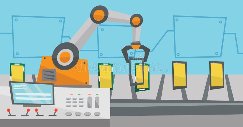 Automated robotic production line of smartphones. vector illustration