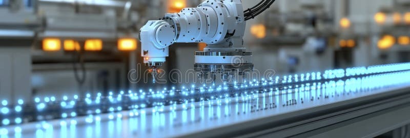 Automated robotic system in futuristic assembly line stock illustration