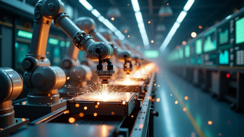 Automated robotic welding line modern factory technology. High-tech robotic welding system in a modern factory setting. Automated production line showcasing advanced manufacturing technology and efficient industrial processes. Sparks fly as robotic arms precisely weld metal components. Illustrates automation, innovation, and smart factory concepts