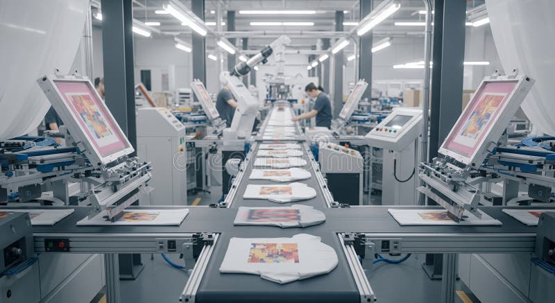 Automated Textile Printing Line with Conveyor System in a Factory Environment with Workers Supervising Production Process vector illustration