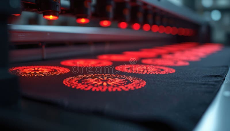 Automated textile printing machine imprints designs on fabric. Custom design imprinted with red light on black material. Printer vector illustration