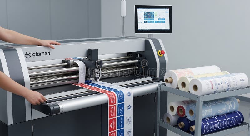 Automated Textile Printing Machine Operating in a Production Facility with Rolled Fabric Rolls Against a Neutral Gray Background vector illustration