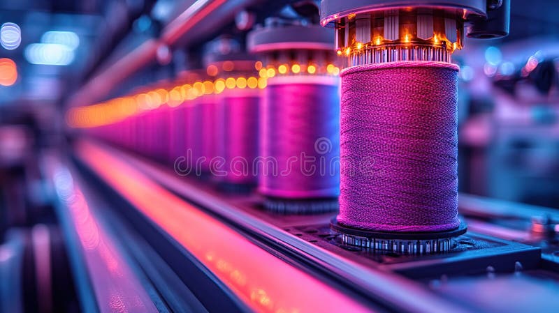 Automated textile production line with vibrant colored thread spools vector illustration