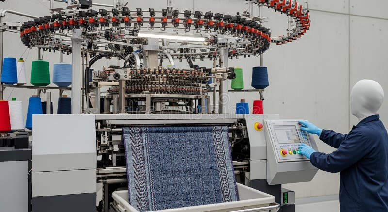 Automated Textile Production Process in a Manufacturing Facility with Machinery and Operator in Protective Gear Operating royalty free illustration