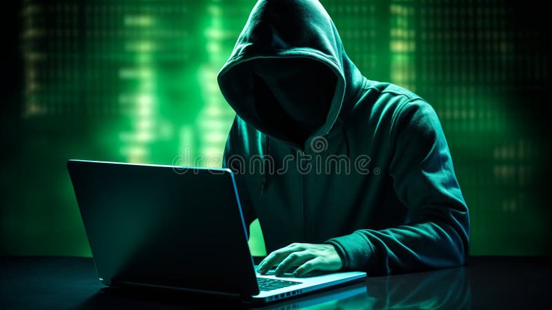 Hacker in hoodie stealing information on laptop at dark office desk. A hacker in a dark room with a laptop, wearing a hoody and their face hidden.