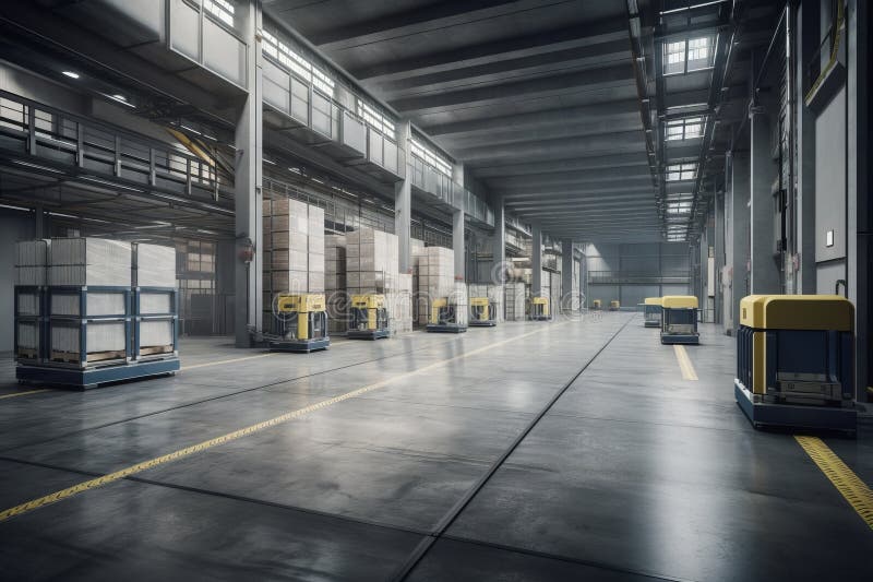 Automated warehouse with AGVs moving autonomously to transfer boxes stock illustration.