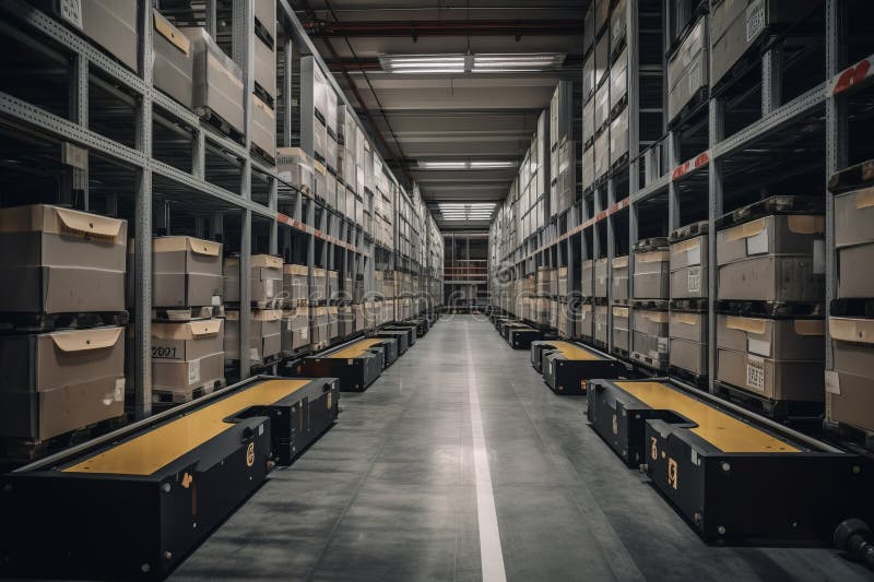 Automated warehouse with AGVs moving autonomously to transfer boxes stock illustration.