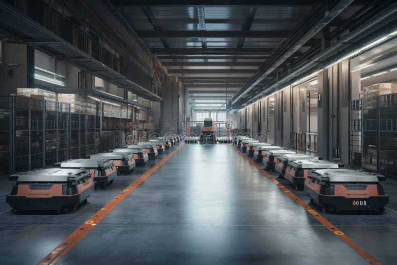 Automated warehouse with AGVs moving autonomously to transfer boxes stock illustration.