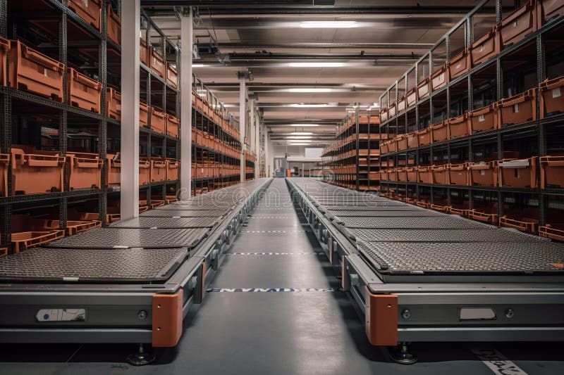 Automated warehouse with AGVs moving autonomously to transfer boxes stock illustration.