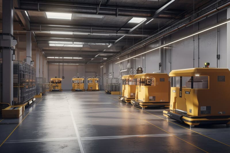 Automated warehouse with AGVs moving autonomously to transfer boxes vector illustration.