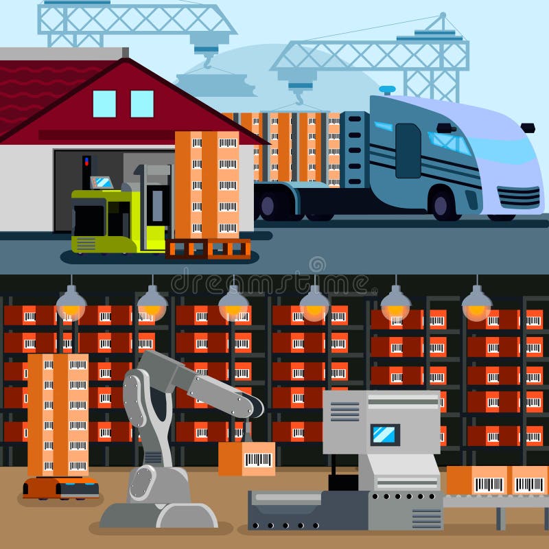 Automated Warehouse Flat Compositions royalty free illustration