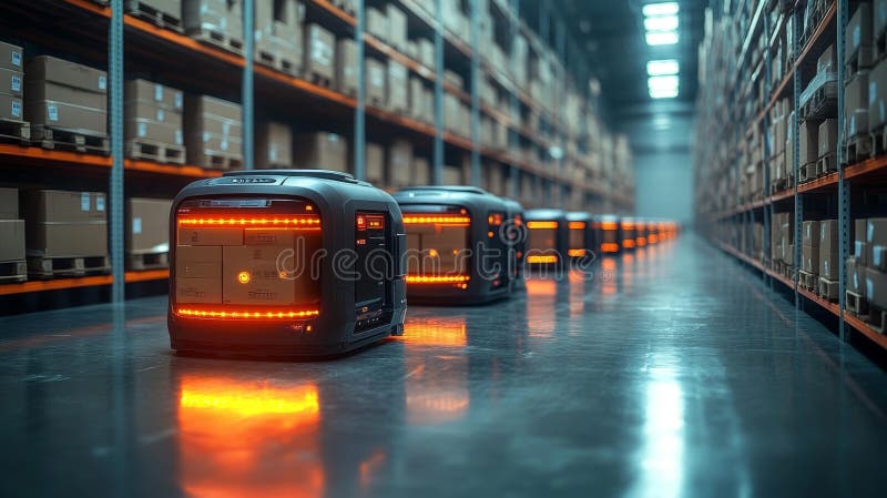 Automated Warehouse with Robots Generative AI. A futuristic automated warehouse with robots efficiently organizing and transporting packages along the aisles in a high-tech storage facility