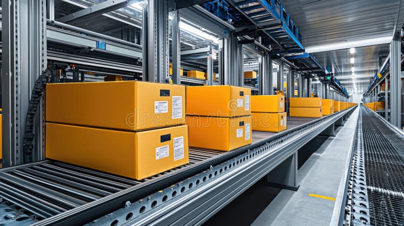 Automated warehouse system with conveyor belts and yellow boxes for efficient logistics and inventory management vector illustration