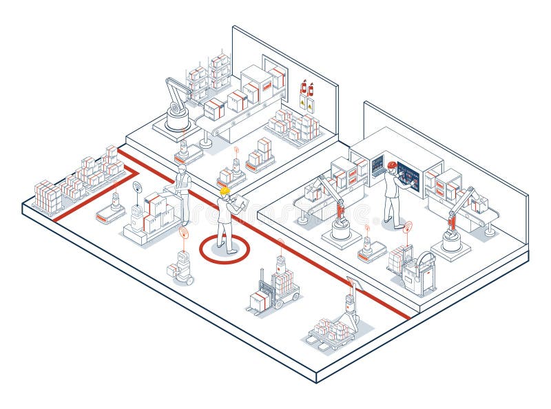 Automated Warehouse and Transport Operations using AGVs and AMRs royalty free illustration