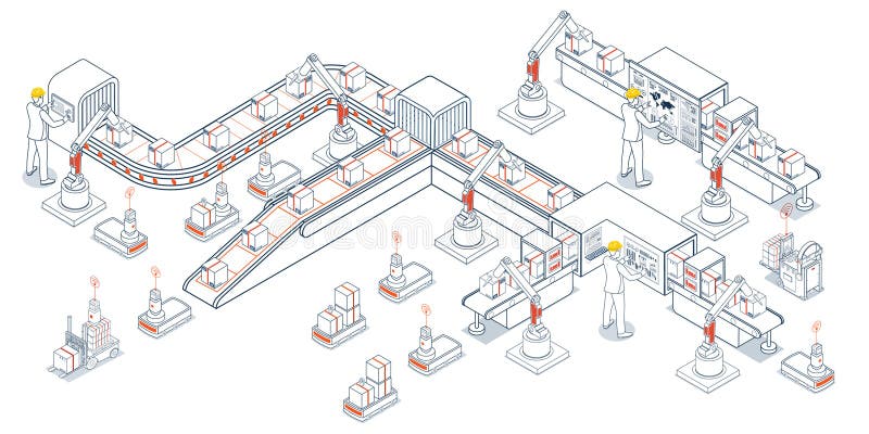 Automated Warehouse and Transport Operations using AGVs (Automated Guided Vehicles) and AMRs royalty free illustration
