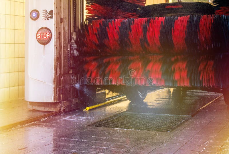Automatic Brush Car Wash in Process, Red and Black Brushes Stock Photo Image of brush, clean