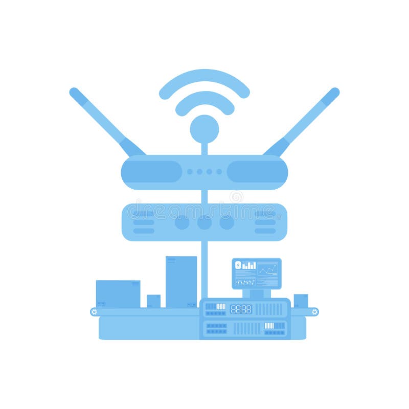 Automatic conveyor line connected to the Internet. IOT and automation concept. Isolated. Vector. Vector illustration for your design