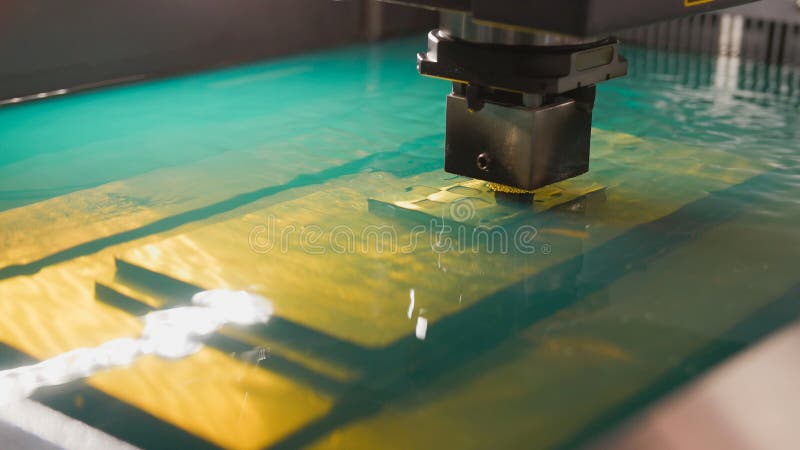 Automatic Factory Cutting Of Sheet Metal Process In Water Front View