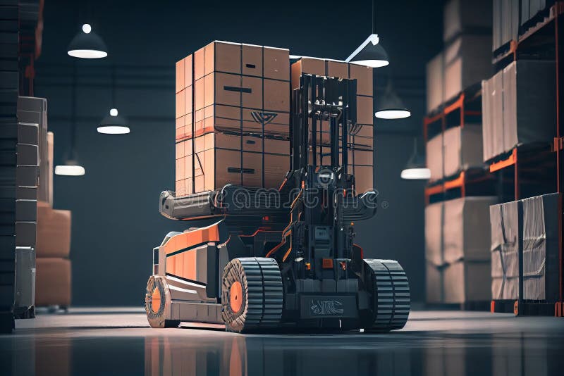 Automatic Forklift Truck with Pallets and Boxes Loading in the