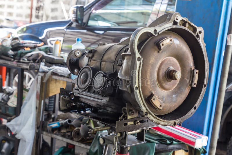 Automatic gearbox of a used car in an auto repair shop.  The concept of car repair and car repair shop