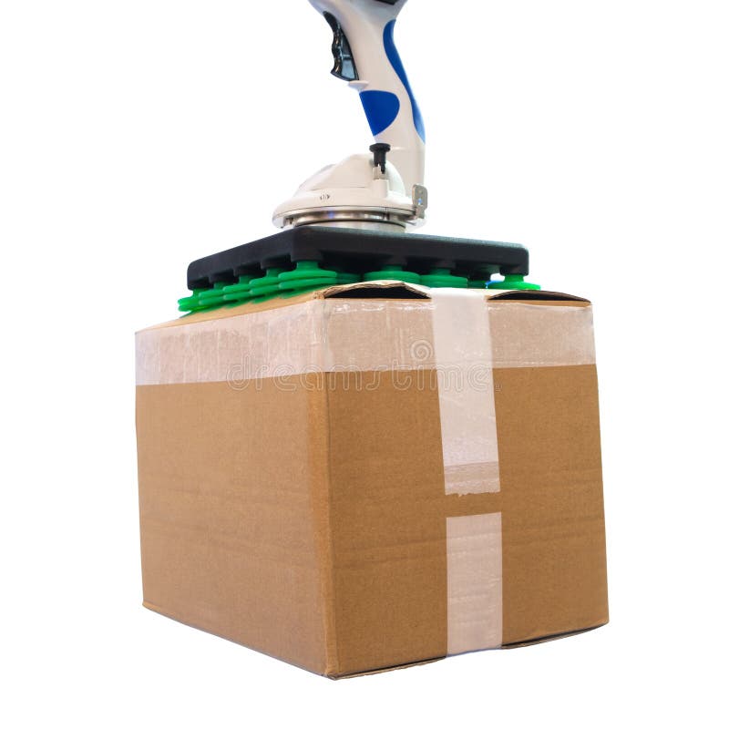 Automatic hand hold robot manipulator with cardboard box.