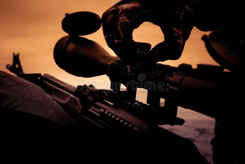 Automatic hunting rifle with optical scope close-up, sight adjustment