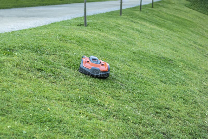 Automatic Lawn Mower in the Process of Working Stock Photo Image of