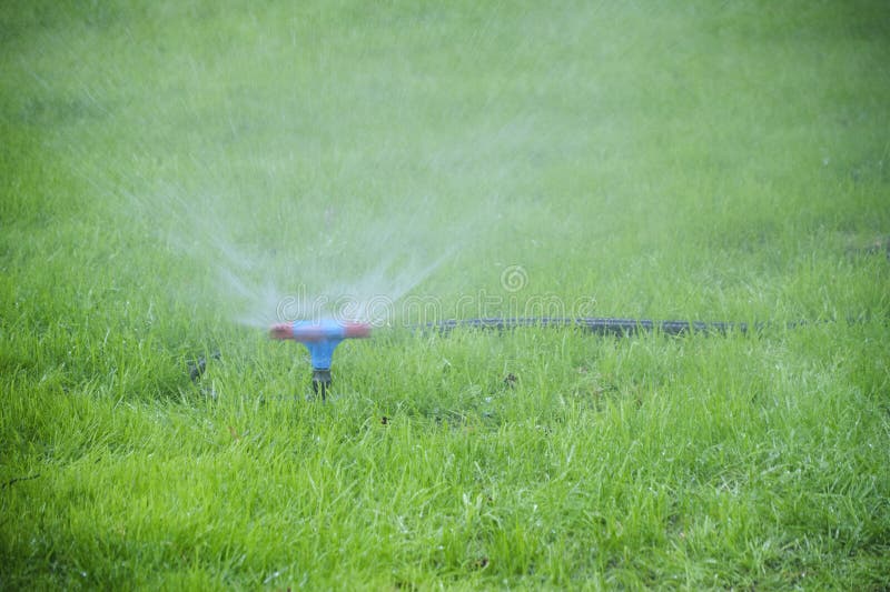 Automatic Lawn Sprinkler.Watering Green Grass. Stock Image Image of