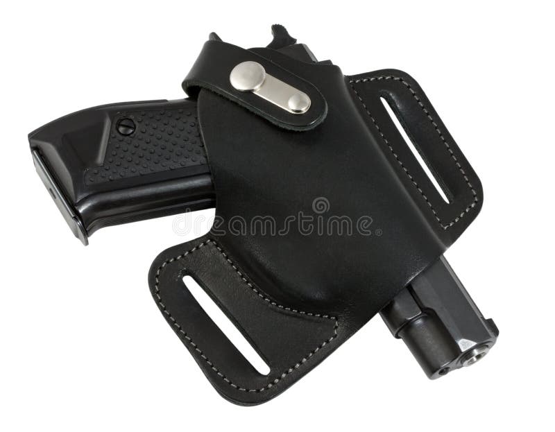 The weapon of self-defense. An automatic pistol in holster black color.