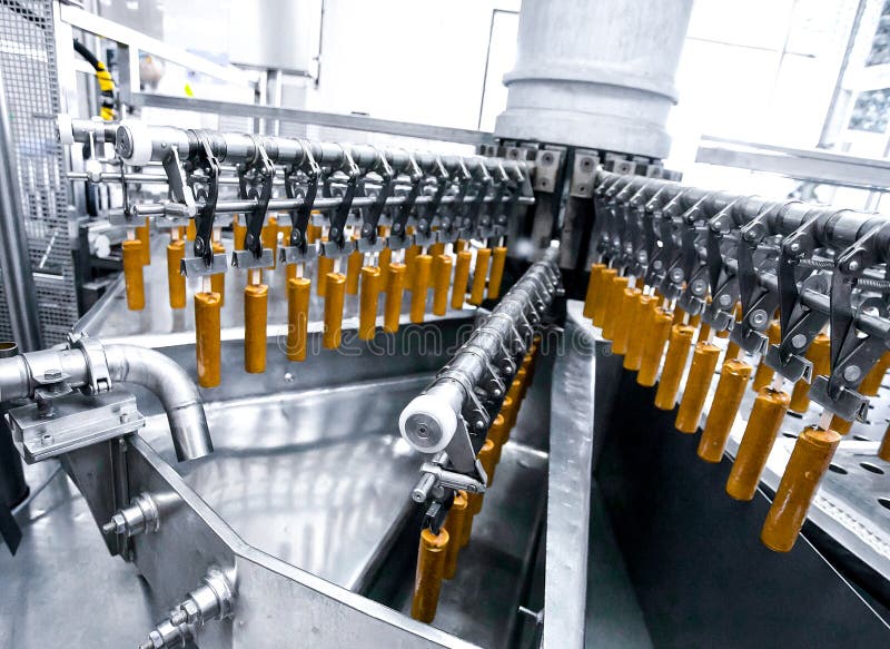 Automatic production line of fruit ice cream stock images