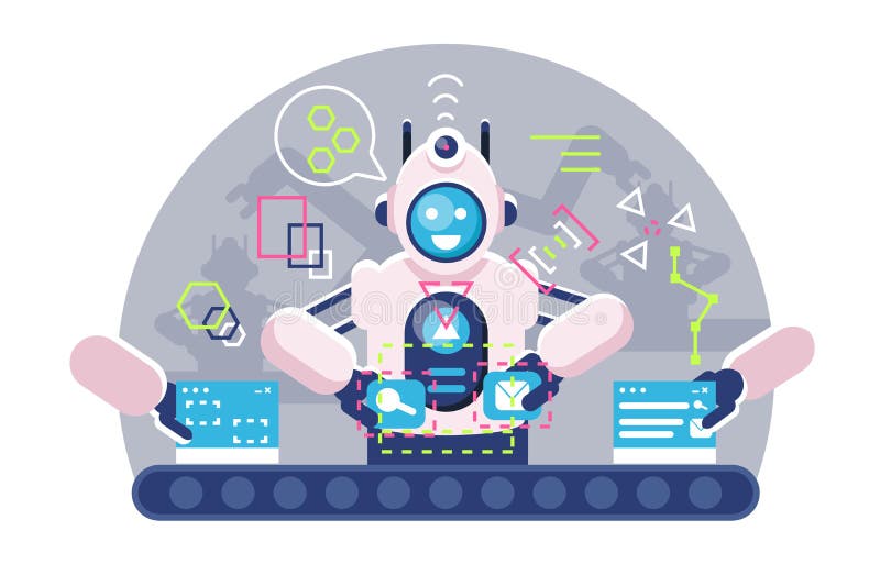 Automatic robot bot arms working on conveyor belt. vector illustration