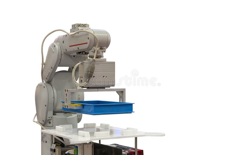 Automatic or smart robot to carry box at automation transportation line in process isolated with clipping path.