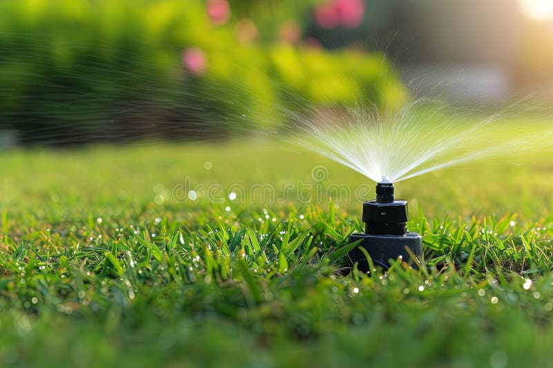 An Automatic Sprinkler Waters the Lawn in a Garden. Generative AI Stock