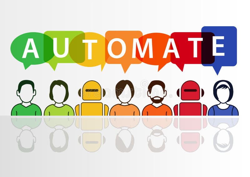 Automatice el texto con las burbujas del discurso de los robots y de la gente libre illustration Automatice el texto con las burbujas del discurso de los robots y de la gente libre illustration