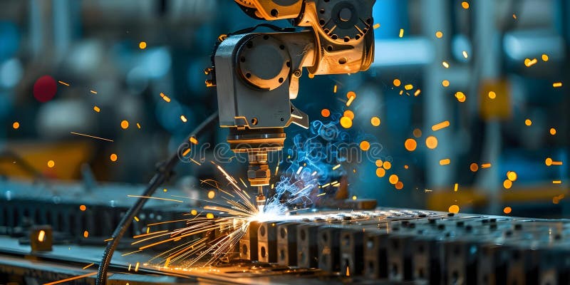 The Automation and Advanced Technology of a Robotic Arm Welding in a Modern Factory. Concept royalty free illustration