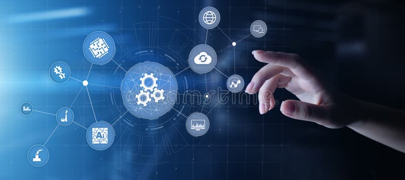 Automation of business and industrial manufacturing process. Technology innovation and software development concept royalty free stock images