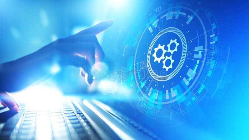 Automation, Business and industrial process workflow optimisation, software development concept on virtual screen. stock photo