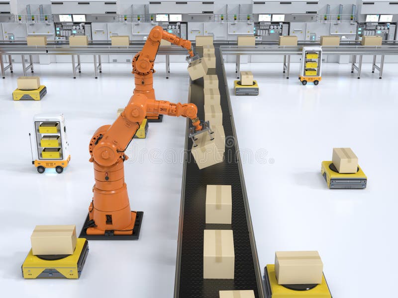 Automation factory or cargo with robot arms and warehouse robots vector illustration