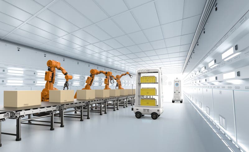 Automation factory or cargo with robot arms and warehouse robots royalty free illustration